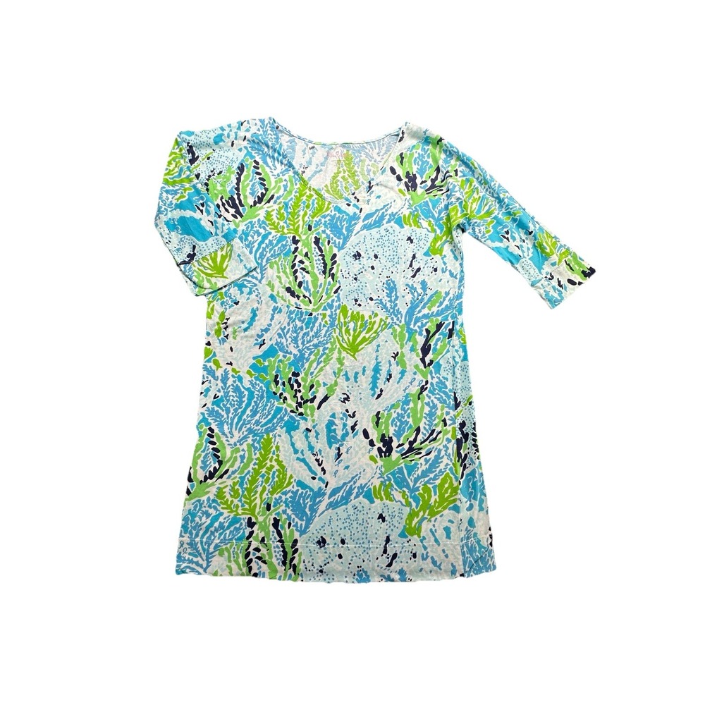 LILLY PULITZER ELIZA Sz M Spa Blue Lets Cha Cha Pima Cotton Shirt‎ Dress